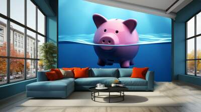 Pink piggy bank floats on water, drowning, about to sink - Concept of investment failure, budget issue, financial risk, debt problem, bankruptcy, economy crisis Wall mural