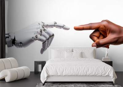 Robot and human hand touching their index finger, gesture isolated on white background - Concept about tech innovation, machine learning progress and partnership with artificial intelligence Wall mural