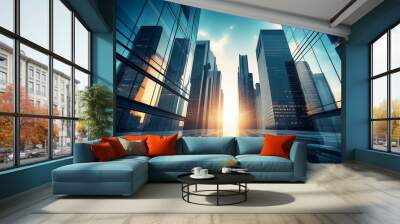 Skyscrapers at sunset, geometric pattern of towers, graphic perspective and reflections of buildings - Abstract architectural background for financial, corporate and business brochure template Wall mural