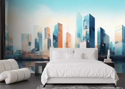 Skyscrapers background at sunset or sunrise, geometric pattern of towers, perspective graphic painting of buildings - Architectural illustration for financial, corporate and business brochure template Wall mural