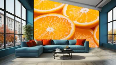 Tasty and juicy orange slices, fresh fruit background full of vitamins and energy Wall mural