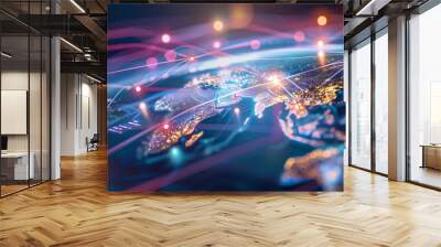 World map, network connectivity, data exchange and telecommunication Wall mural