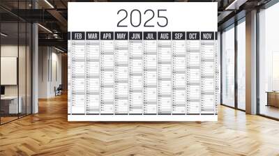 Year 2025 black and white horizontal wall calendar, English language, vector template Wall mural