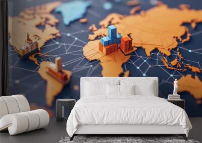 A colorful 3D map illustrating global trade with shipping containers and connections, highlighting international commerce. Wall mural