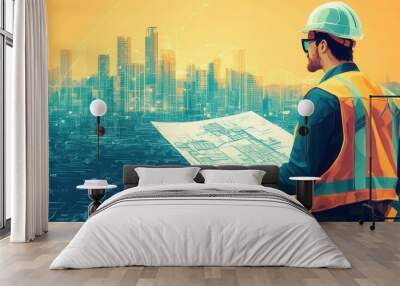 A construction worker examines blueprints overlooking a modern city skyline at sunset, showcasing urban development. Wall mural