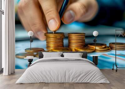 A person managing finances by stacking coins over financial reports, reflecting money management and investment strategies. Wall mural