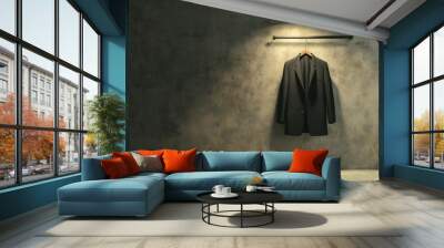 A sleek black suit hanging under a spotlight against a textured gray wall, showcasing modern elegance and minimalistic design. Wall mural