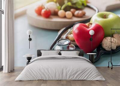 A vibrant arrangement of healthy food items, including fruits and vegetables, alongside a stethoscope symbolizing health and nutrition. Wall mural