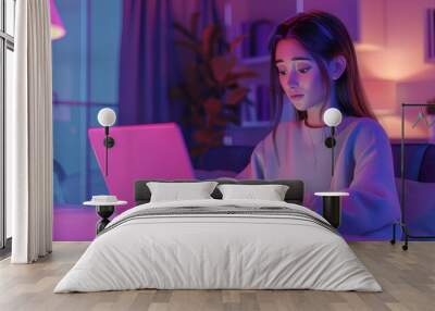 A young woman works on her laptop in a dimly lit room, bathed in soft pink and blue light. Wall mural