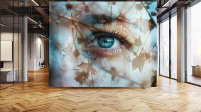 Artistic close-up of a blue eye blending with a floral background, creating a dreamy and surreal effect. Wall mural