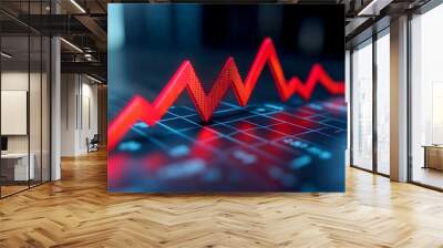 Close-up of a red trend line on a financial chart, illustrating market fluctuations and data analysis in a digital environment. Wall mural