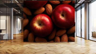 Close-up of fresh red apples and raw almonds arranged on a dark background, showcasing a healthy and nutritious food combination. Wall mural