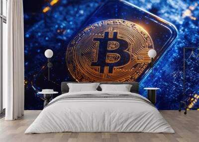 Digital wallet with floating cryptocurrency coins, showcasing Bitcoin in vibrant, high tech environment. image captures essence of modern finance and digital currency innovation Wall mural