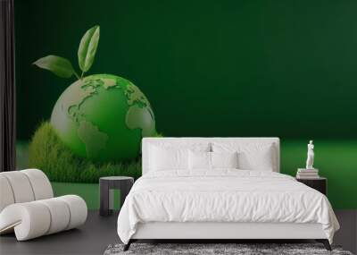 Eco-friendly concept with green globe sprouting leaves, symbolizing environmental conservation and sustainable energy. Wall mural