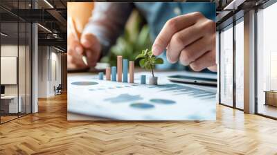 person nurturing small plant on financial charts, symbolizing growth and investment Wall mural