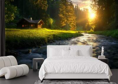 Serene forest landscape featuring a cozy cabin and a tranquil river at sunrise, surrounded by lush greenery and soft sunlight. Wall mural