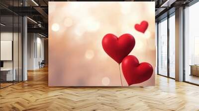 Three floating red hearts on a wooden surface, symbolizing love and romance with a soft bokeh background for a dreamy effect. Wall mural