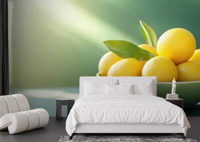 Vibrant yellow lemons arranged in a bowl, showcasing freshness and brightness against a softly lit background. Wall mural