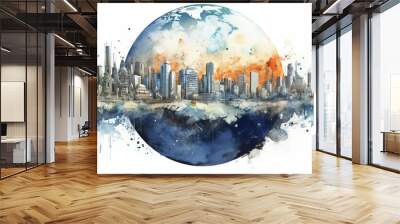 Watercolor painting of a cityscape on a globe, representing global urbanization. Wall mural