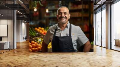 A cheerful middle-aged grocer wearing an apron, standing in front of a vibrant display of fresh produce, including tomatoes and peppers, in a local grocery market. Wall mural