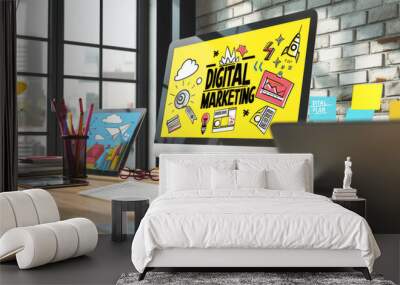 A creative workspace featuring a colorful digital marketing poster above a desk with a computer, glasses, and various office supplies. Wall mural