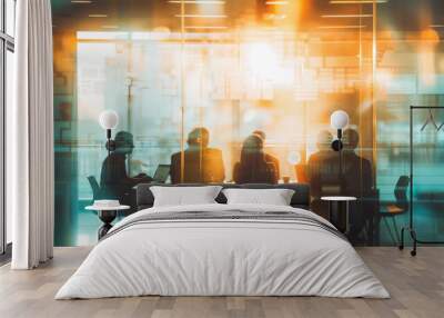 A group of professionals is engaged in a business meeting inside a modern conference room with glass walls and ambient lighting. Wall mural