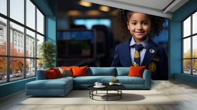 A little girl pretends to be an airplane pilot. The concept of children in adulthood. Wall mural