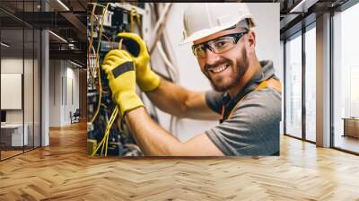 A professional electrician is smiling while working on a complex electrical panel Wall mural