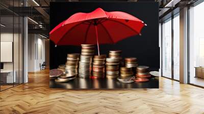 A stack of gold coins protected by a red umbrella. Created with Generative AI technology. Wall mural