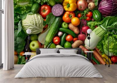 A vibrant, colorful assortment of fresh vegetables including tomatoes, carrots, bell peppers, and leafy greens, representing a healthy and nutritious selection of produce. Wall mural