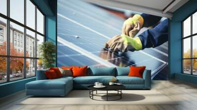 A worker installs solar panels. Wall mural