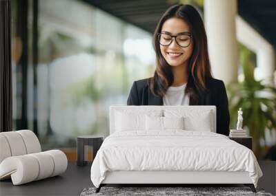 A young Asian businesswoman stands in an office with a tablet in her hands. Wall mural