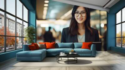 A young Asian businesswoman stands in an office with a tablet in her hands. Wall mural