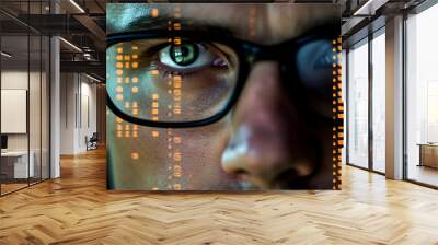 A young man with a serious look analyzes the financial market. Diagrams and numbers Projected on His Face and Reflecting in Glasses. Created with Generative AI technology. Wall mural