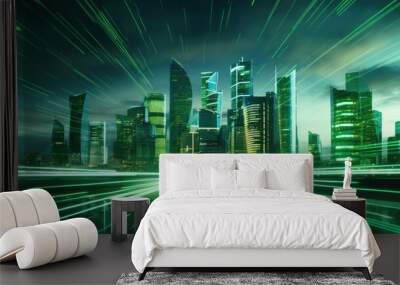 Abstract background of green smart futuristic city. Created with Generative AI technology. Wall mural