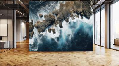 Aerial view of the ocean during a storm with waves. Created with Generative AI technology. Wall mural