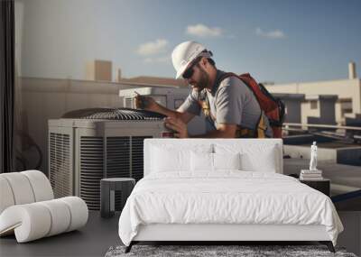 Air Conditioning Repair, repairman on the rooftop fixing air conditioning system. Wall mural