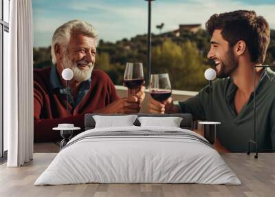 An elderly father and son are sitting on the terrace drinking wine Wall mural