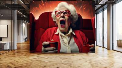 An elderly woman is sitting in a movie theater watching a movie. Wall mural