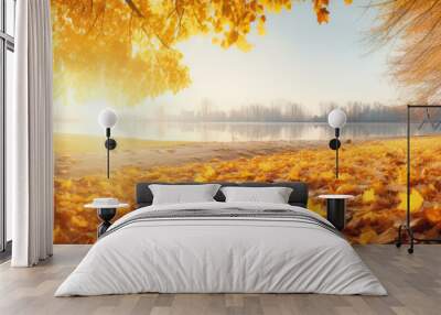 Autumn background with leaves on a sunny day Wall mural