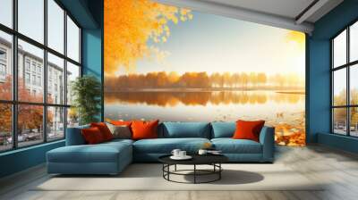 Autumn background with leaves on a sunny day Wall mural