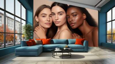 Beauty. Multi Ethnic Group of Womans with diffrent types of skin together against beige background. Created with Generative AI technology. Wall mural