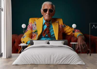 Brightly dressed stylish elderly man on dark background. Wall mural