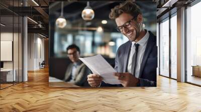 Businessman holds up company reports during an office meeting Wall mural