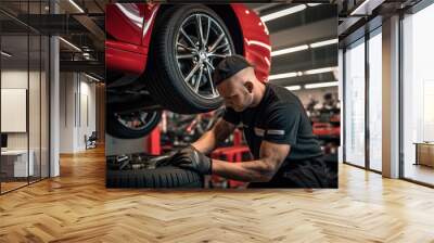 Car mechanic working in garage and changing wheel alloy tire. Repair or maintenance auto service. Wall mural