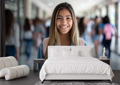 cheerful teenage girl smiling at the camera, standing in a school hallway with other students in the background Wall mural