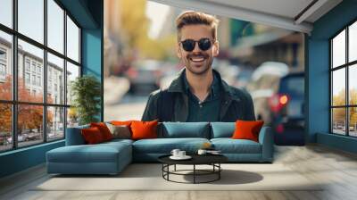 cheerful young man wearing sunglasses and a casual shirt, holding a coffee cup Wall mural