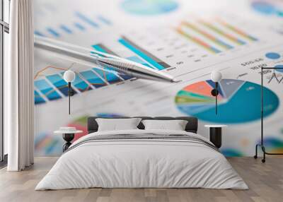 close-up of a pen lying on top of various types of printed financial charts, including bar graphs, line graphs, and pie charts. Wall mural