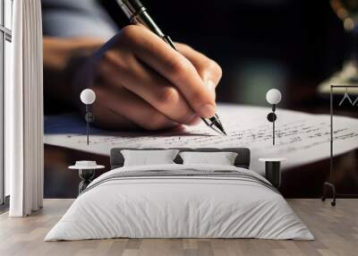 Close-up of a person's hand holding a ballpoint pen and writing on a white paper with visible text. Wall mural