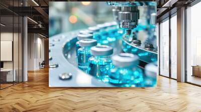 Close-up of numerous medical vials in a pharmaceutical manufacturing line Wall mural